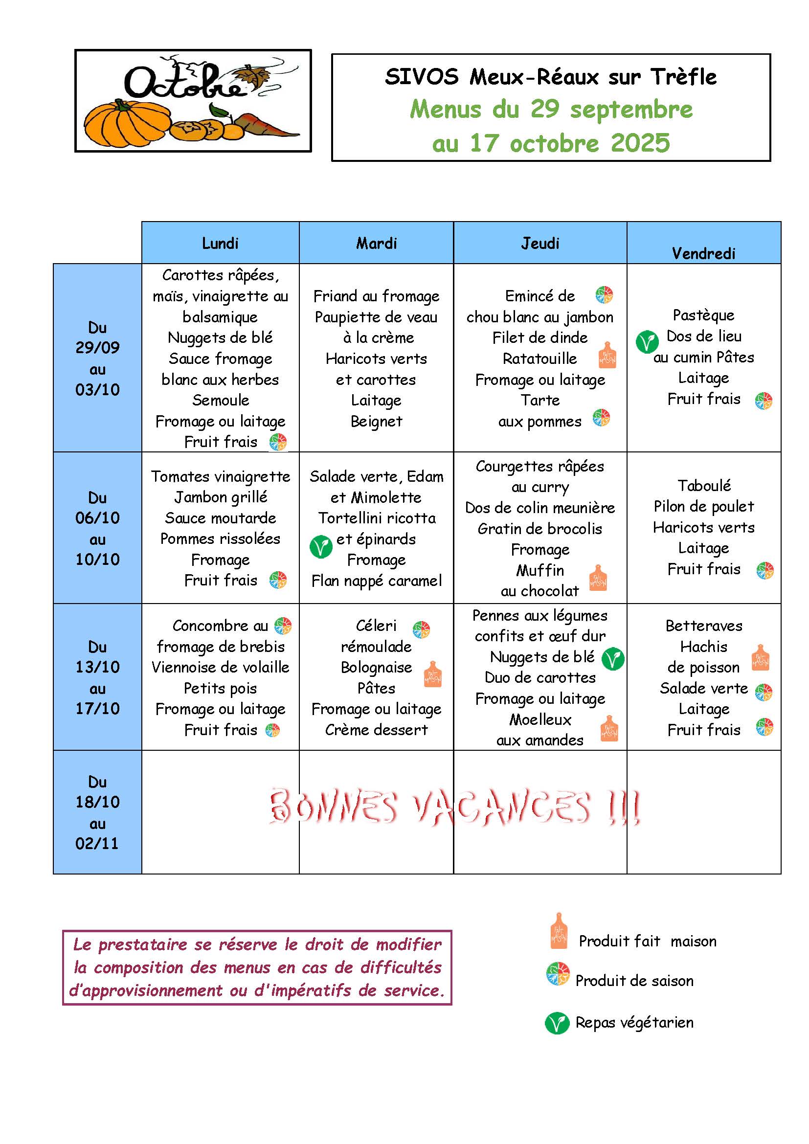 Menu octobre